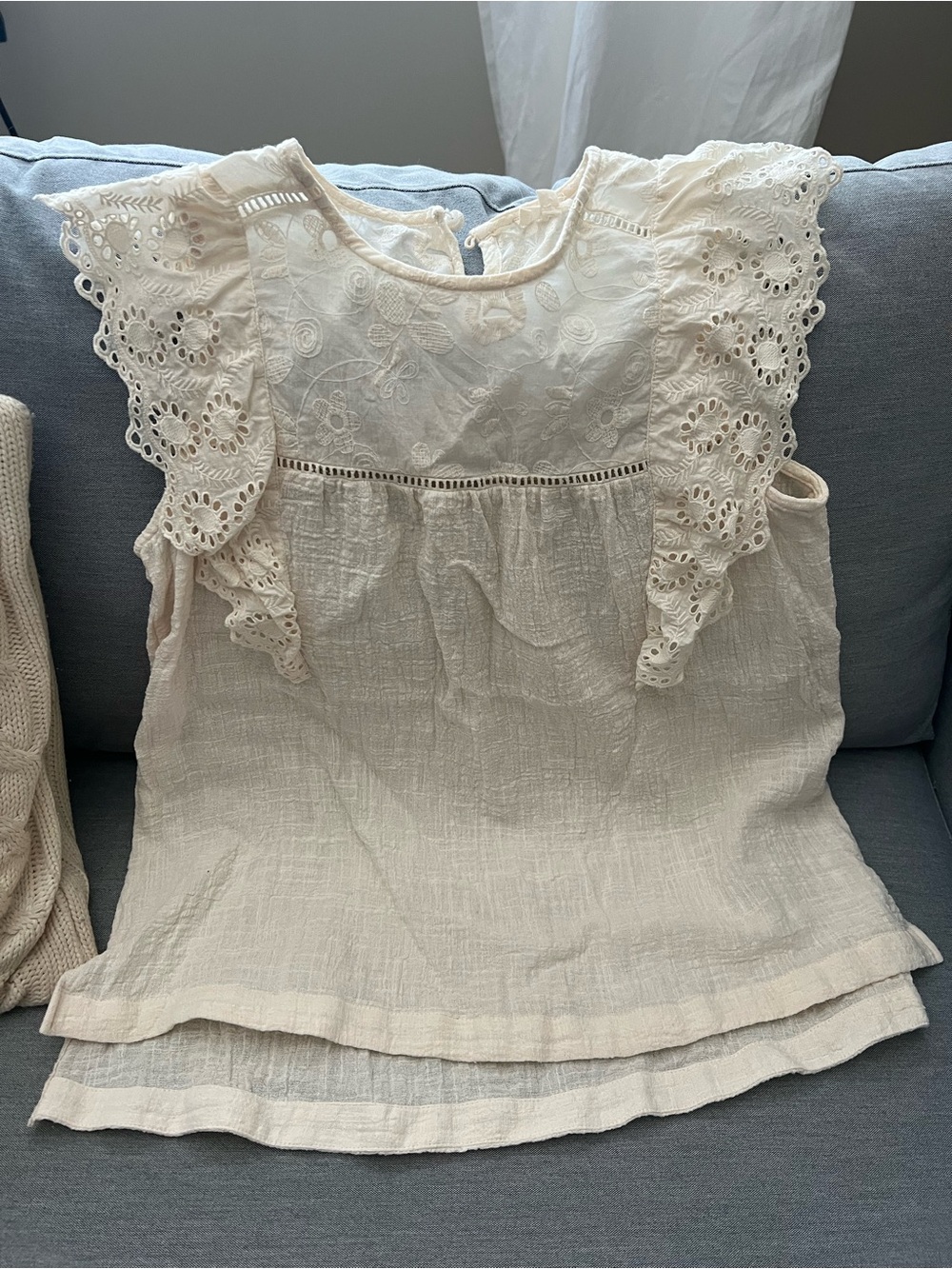 ODDY Cream Eyelet Flutter Top